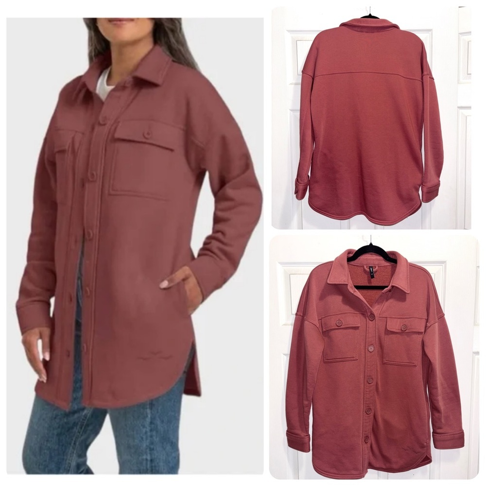 Lazypants Fleece Shacket Dark Rose Button Up Long Sleeve Shirt Jacket Sz Medium
